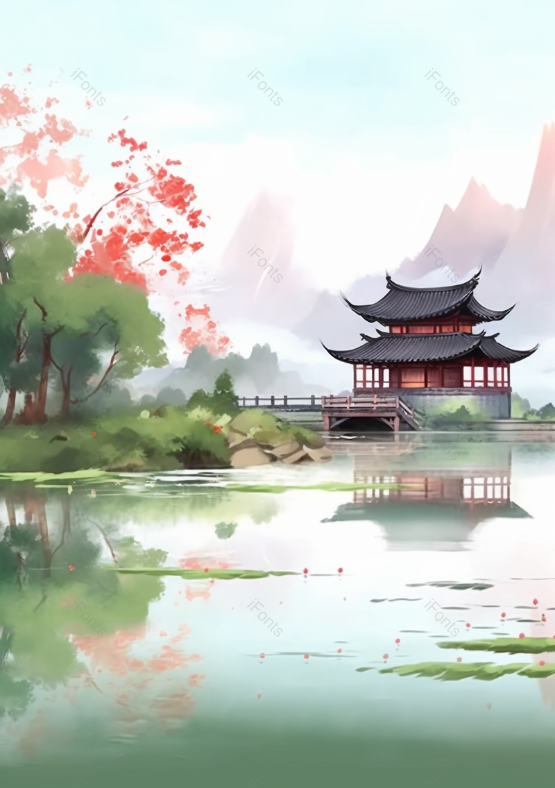 绿色古建筑山水中国风背景,插画/手绘图,插画/手绘图库,插画/手绘图下载,插画/手绘
